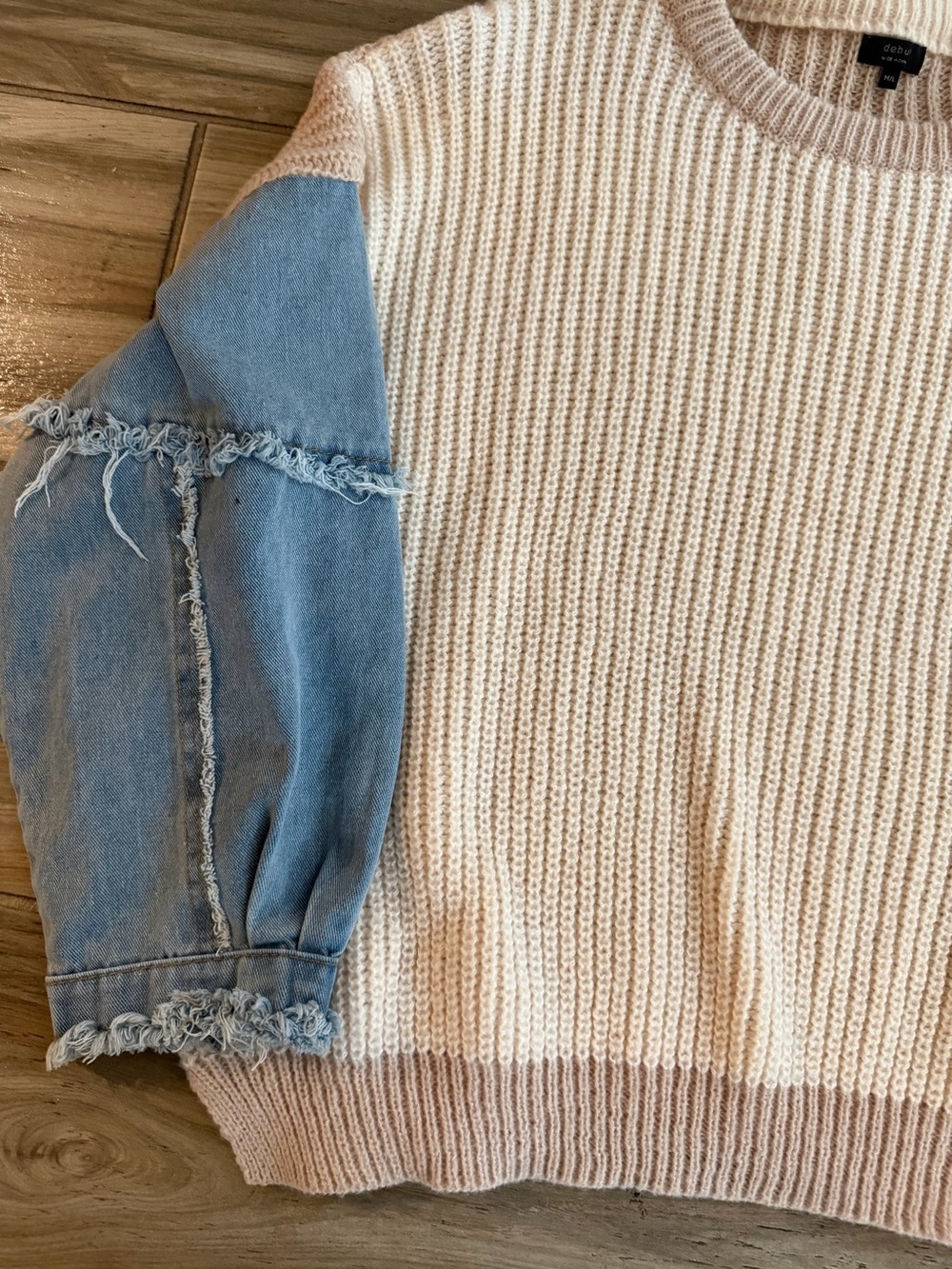 Debut Peach Knit Crewneck Sweater with Light Blue Denim Puff Sleeves - Picture 3 of 4